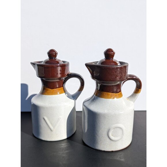 1970's Vintage Boho Stoneware Olive Oil and Vinegar Cruets - Picture 1 of 7